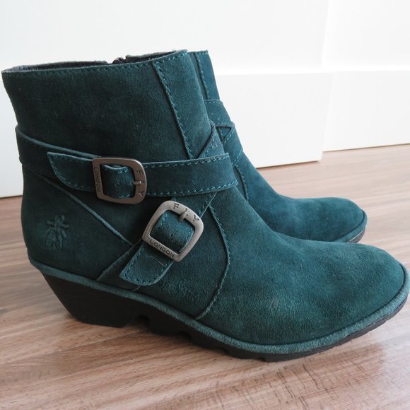 FLY LONDON Perz Suede Leather Ankle Wedge Buckle Boots Dark Petrol Size US 7.5/8 - Picture 2 of 16